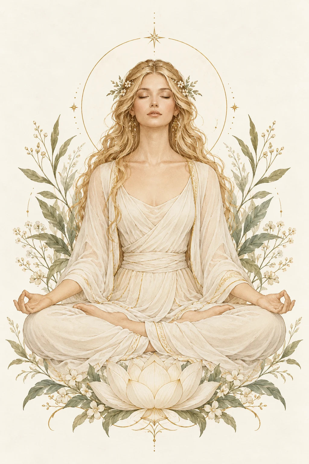 A seated figure in meditation, surrounded by botanical leaves